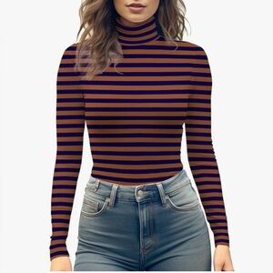 Yumi Day Striped Navy and Rust/Brown Turtleneck Top XL